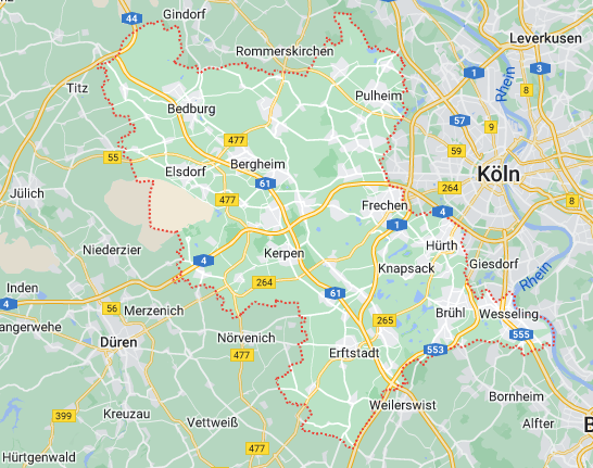Karte-vom-Rhein-Erft-Kreis-dazu-gehören- Bergheim Kerpen Elsdorf Bedburg